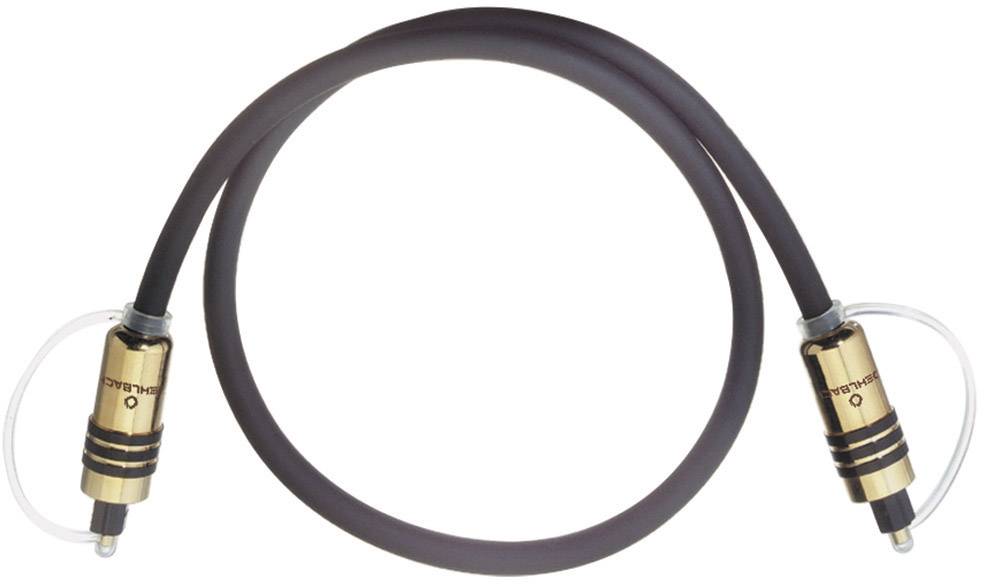 A black and gold digital optical cable with two plugs at its ends, commonly used for audio connection.