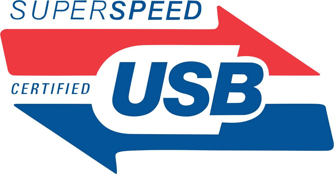 A logo with two arrows in red and blue; text: 'SUPERSPEED CERTIFIED USB'.