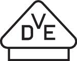 The image depicts a stylised logo with the letters 'VDE' in a triangular frame. It represents a testing seal or certification mark.