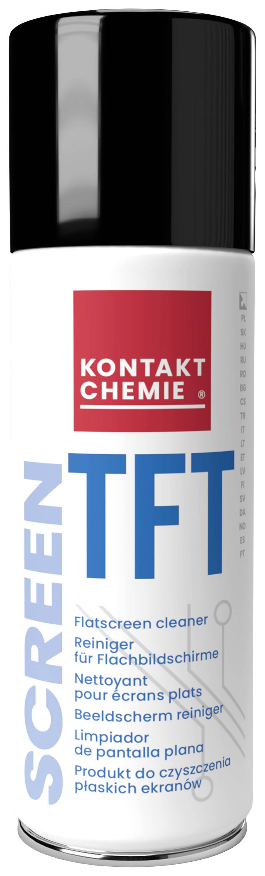 Bombe aérosol de nettoyant pour écran TFT avec le logo Contact Chimie rouge en haut. 'Flatscreen cleaner' et d'autres langues sur la face avant.