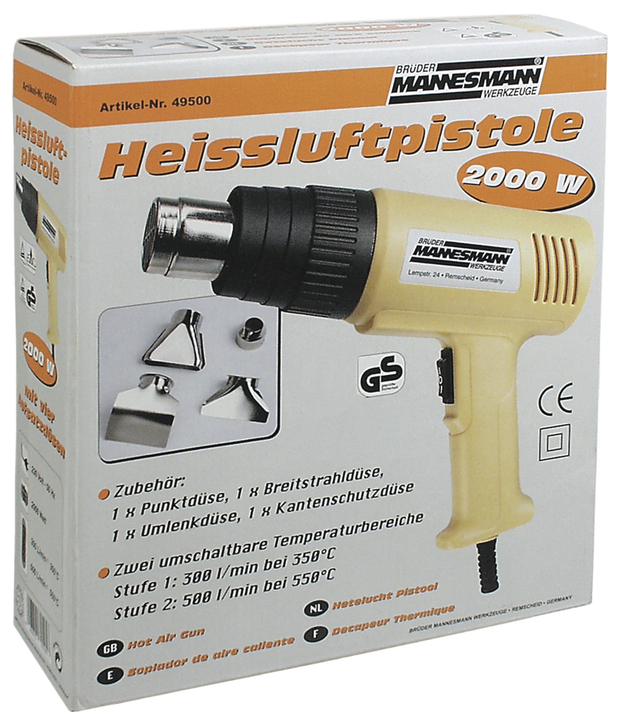 Pistolet thermique 2000 W de Brüder Mannesmann Werkzeuge. Comprend des accessoires tels que des buses et des descriptions de température. Réf. 49500.
