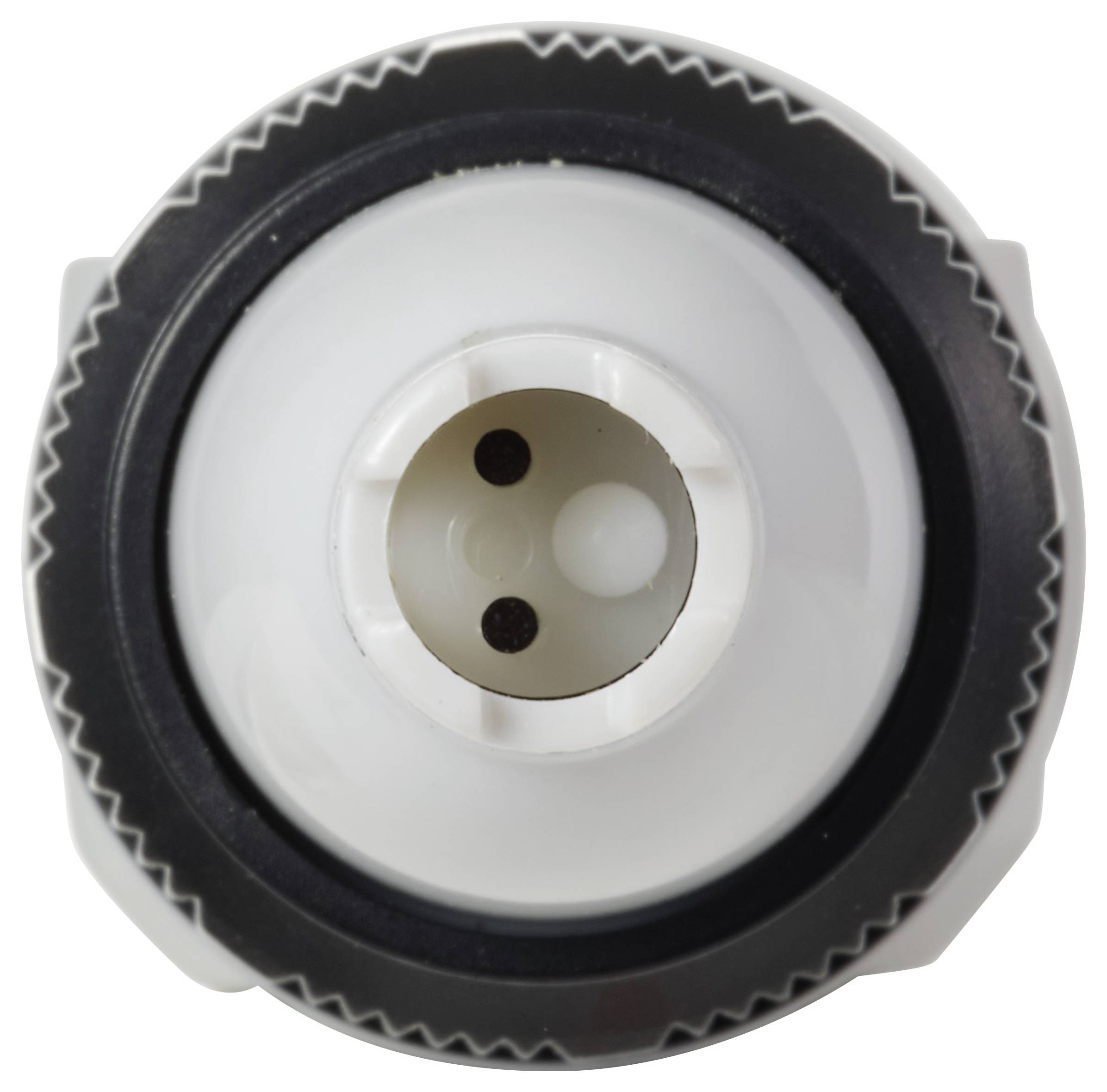 Vue de dessus d'un connecteur cylindrique blanc avec un bord circulaire noir et trois trous au centre, ressemblant à un composant électrique.