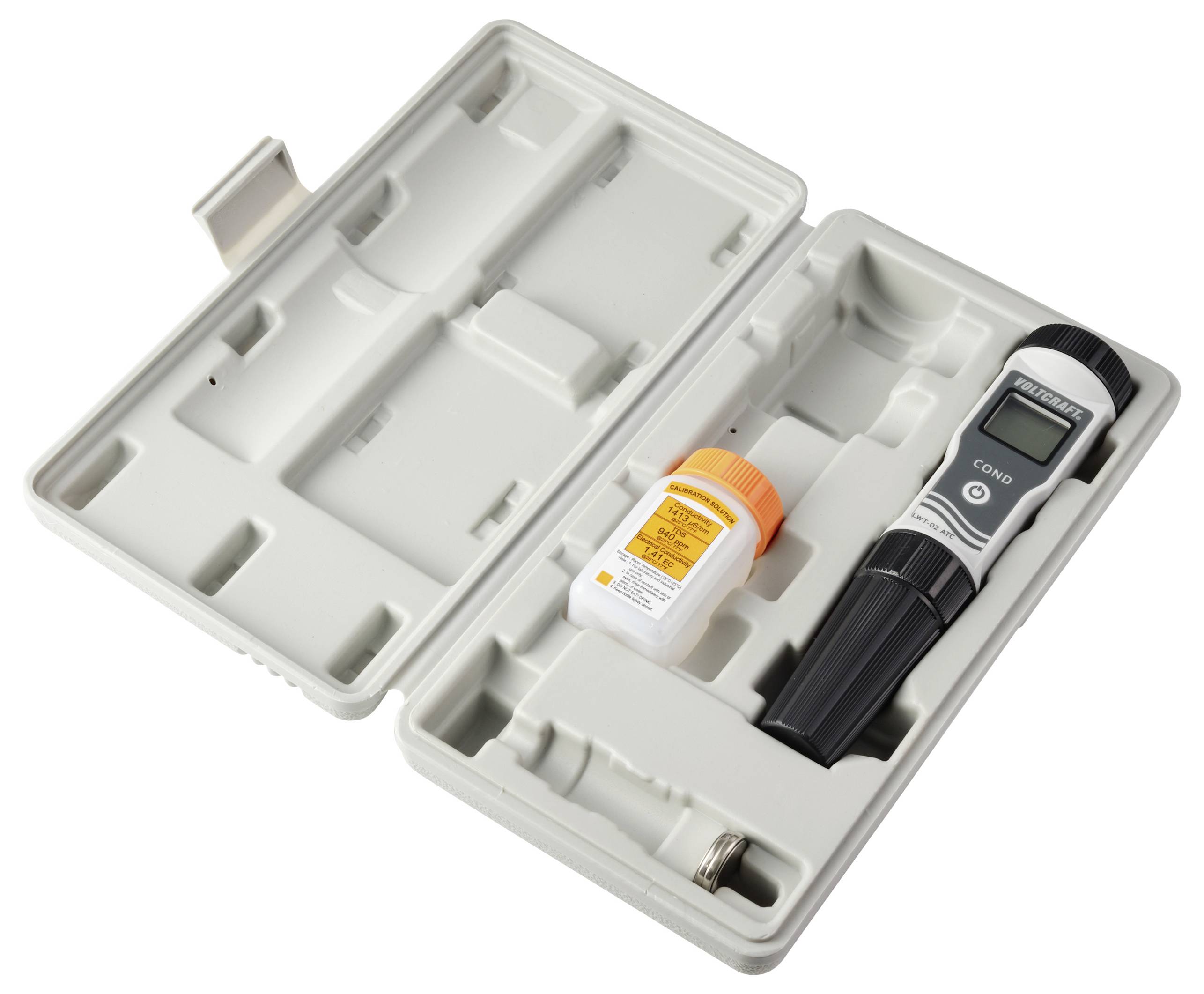 Un étui en plastique ouvert contenant un conductimètre numérique et une petite bouteille étiquetée 'solution tampon', utilisé pour le test de la qualité de l'eau.