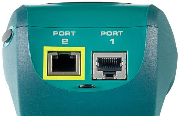 Deux ports Ethernet sur un périphérique réseau, étiquetés comme 'Port 1' et 'Port 2', dans un boîtier vert.