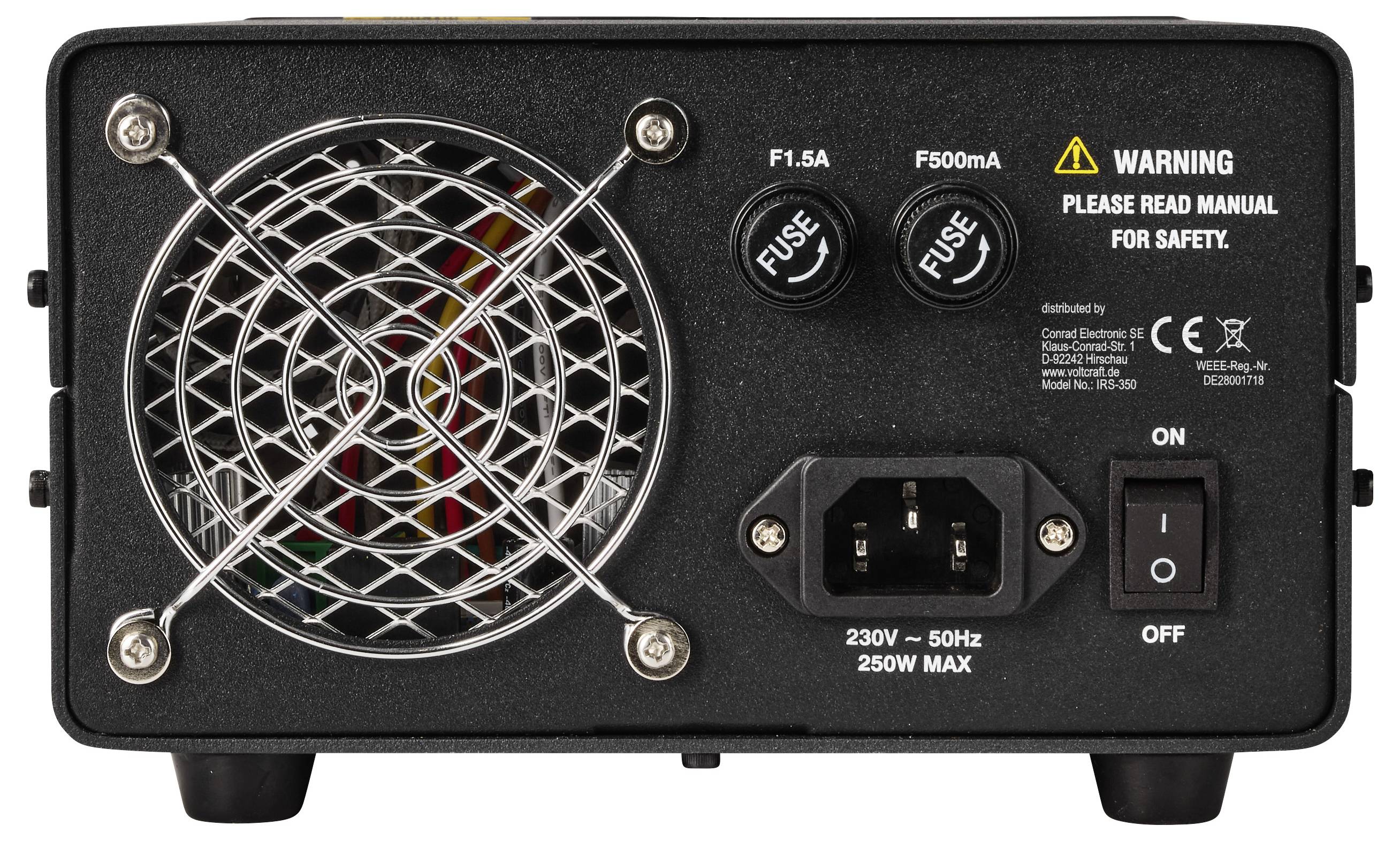 Vue arrière d'un appareil électronique noir avec un ventilateur de refroidissement, deux fusibles, prise d'alimentation, interrupteur marche/arrêt et étiquette d'avertissement de sécurité.