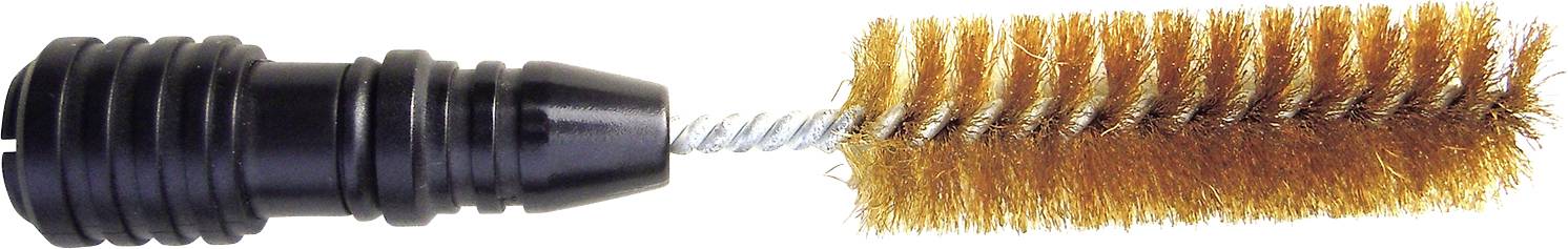 Brosse métallique avec manche noir, poils orange, utilisée pour nettoyer des endroits étroits ou difficiles d'accès.