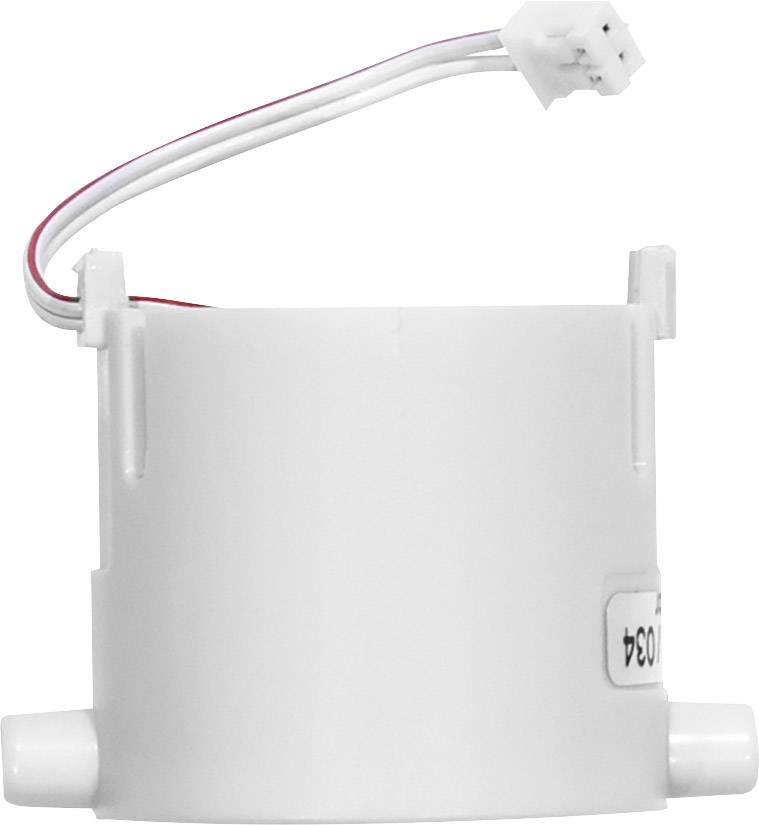 Un dispositif cylindrique blanc doté de deux connexions latérales et d'un câble avec une fiche à son extrémité supérieure.