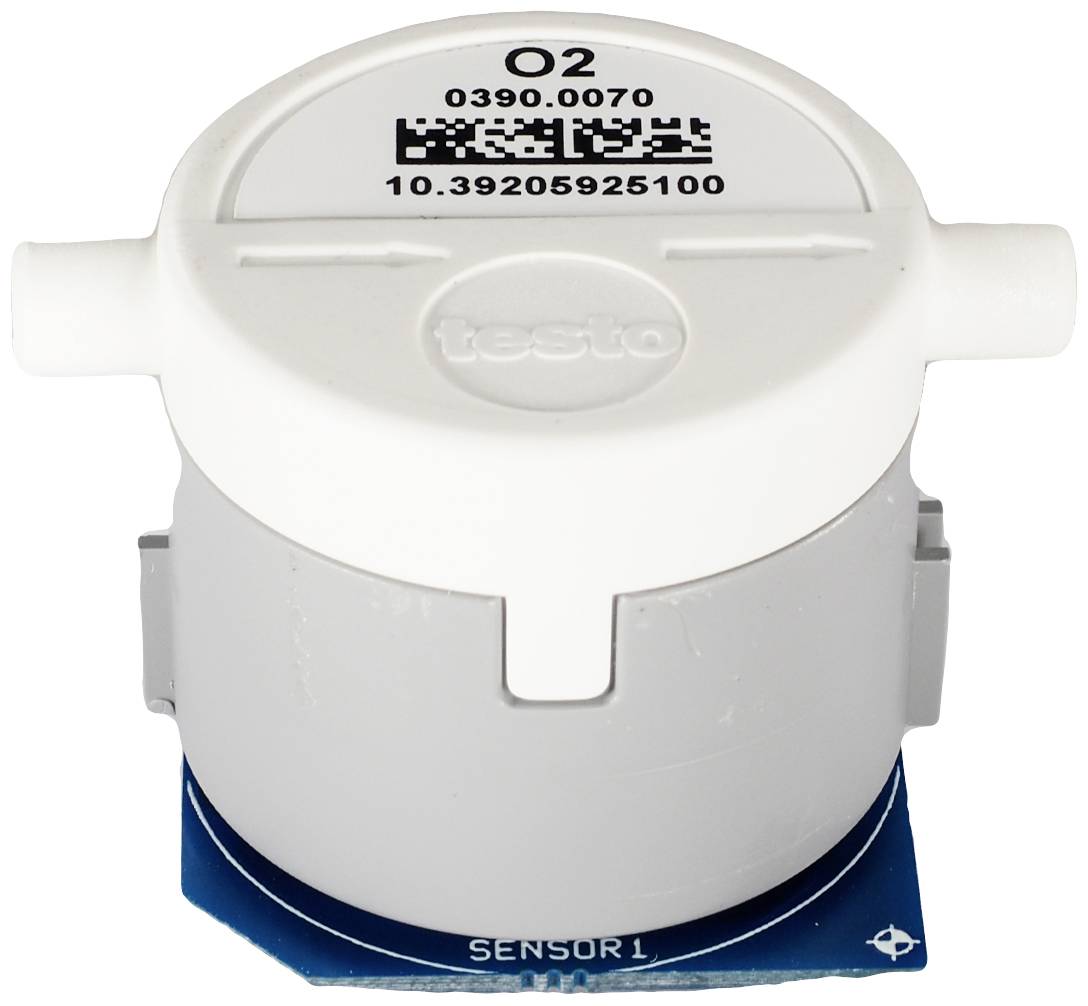 Un capteur rond blanc portant un numéro de série et un code QR sur sa surface supérieure, conçu pour mesurer la concentration d'oxygène.