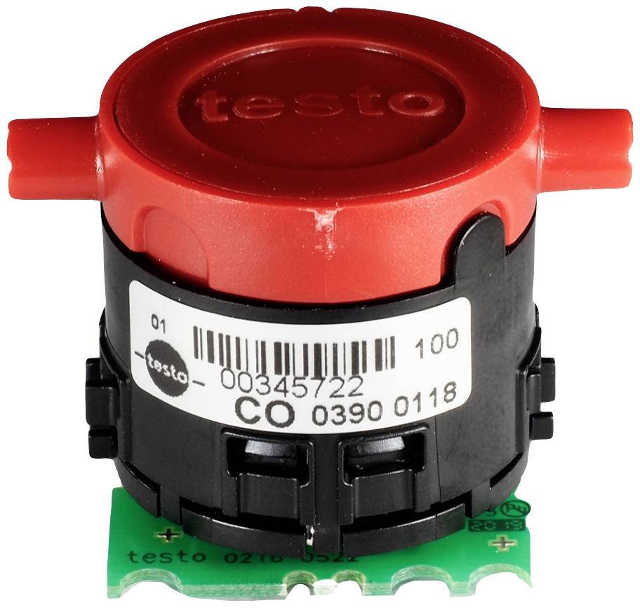 Capteur électronique rond avec un couvercle rouge et un boîtier noir. Un code-barres et l'inscription 'CO 0390 0118' sont visibles.