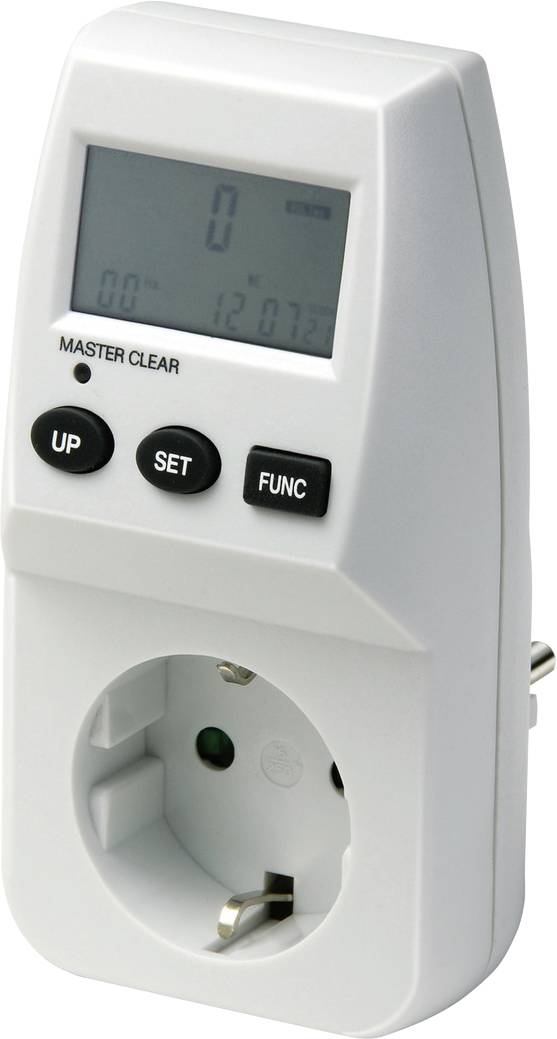 Minuterie numérique enfichable avec écran LCD, trois boutons et prise de courant mise à la terre pour programmer l'alimentation des appareils.