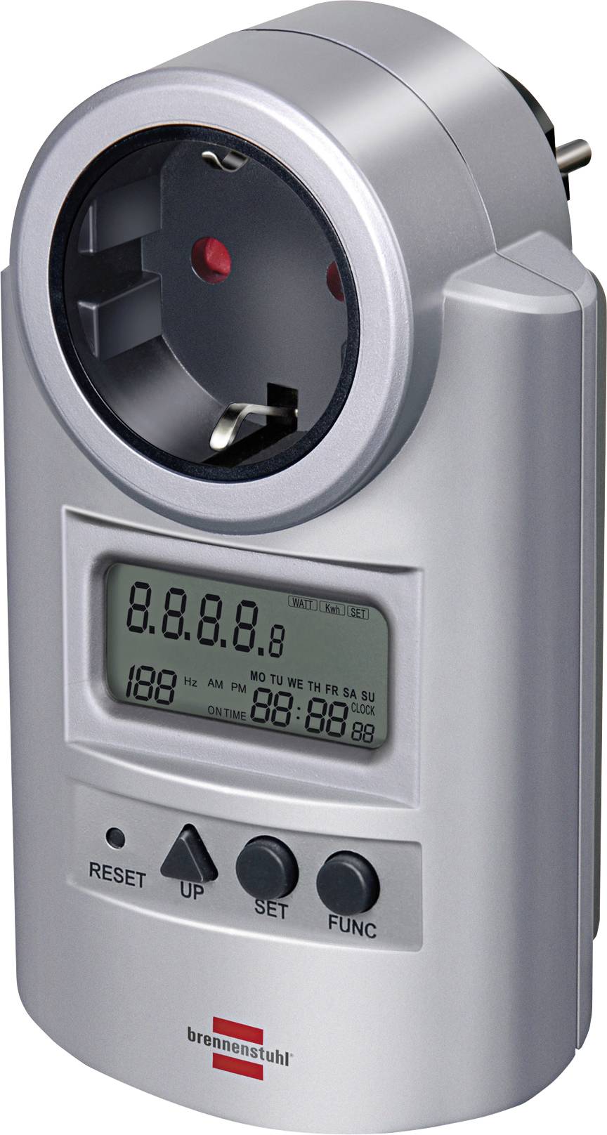 Minuterie numérique à prise avec écran LCD et quatre boutons, utilisée pour programmer l'alimentation d'une prise de courant.