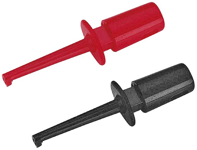 Deux pointes de test, l'une rouge et l'autre noire, sont placées côte à côte. Elles sont utilisées pour les mesures et diagnostics électriques.