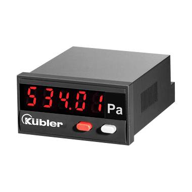 Afficheur numérique Kübler affichant 534.01 Pa en chiffres LED rouges, avec deux boutons frontaux sur un boîtier d'instrument noir.
