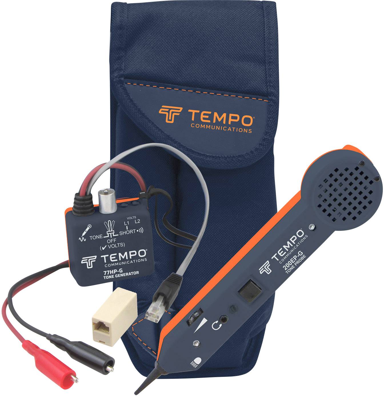 Un kit de test de câbles Tempo comprenant un générateur de tonalité, un récepteur et des pinces crocodiles dans un sac de transport bleu.