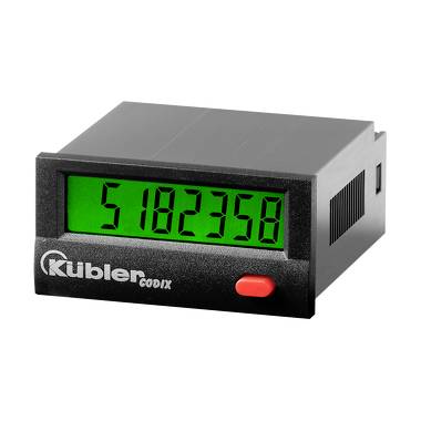 Affichage numérique de compteur affichant '5182358' sur un écran vert, avec un bouton rouge et le logo Kubler sur un appareil noir.