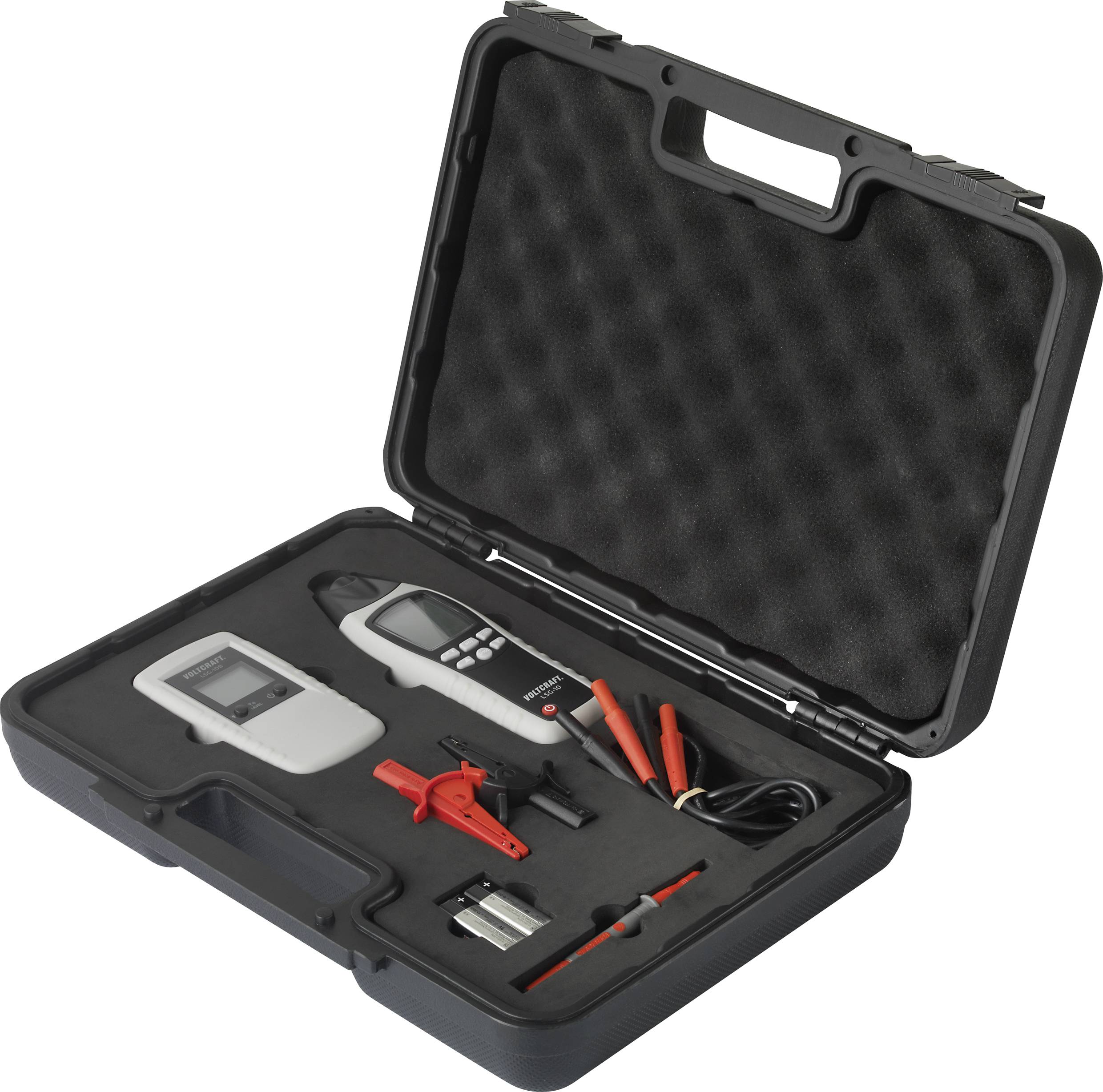 'Valise d'outils de mesure : dispositif de test rapide, unité d'affichage numérique, câbles et pinces. Adapté pour vérifier les composants électriques.'