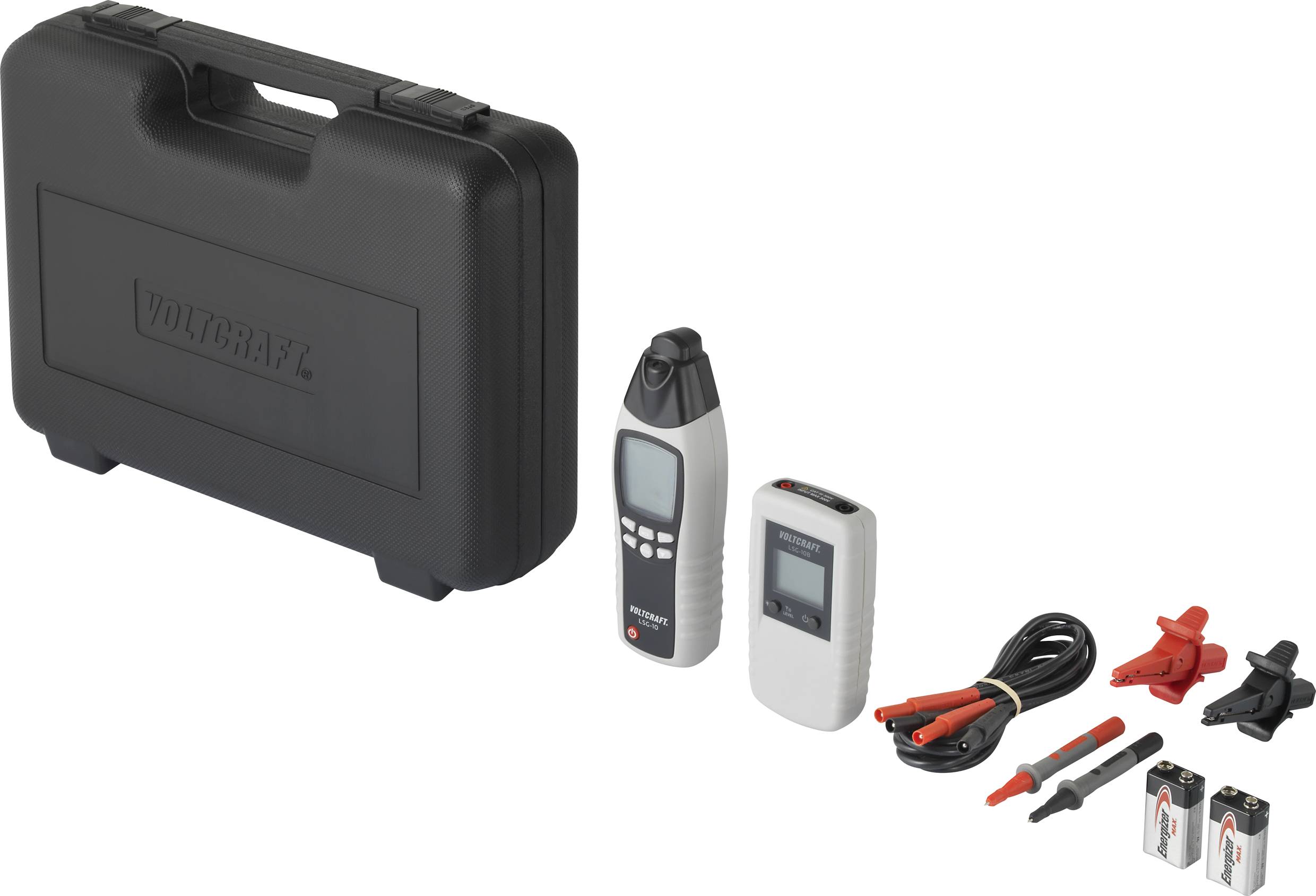Mallette à outils et ensemble de testeurs électriques avec câbles, appareils de mesure et batteries pour tests et mesures électriques.