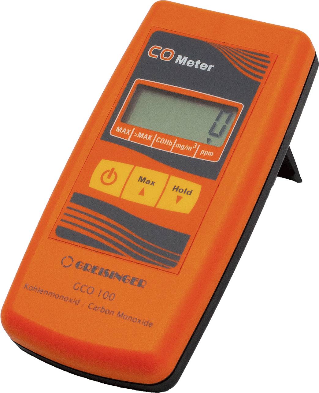 Un détecteur de monoxyde de carbone orange affiche une valeur de 0 ppm sur son écran. Il dispose de touches pour le mode de mesure et la fonction de maintien.
