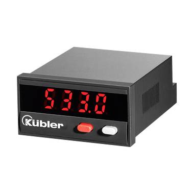 Panneau numérique Kübler affichant une lecture rouge de 533,0, avec deux boutons frontaux sur un afficheur industriel noir.