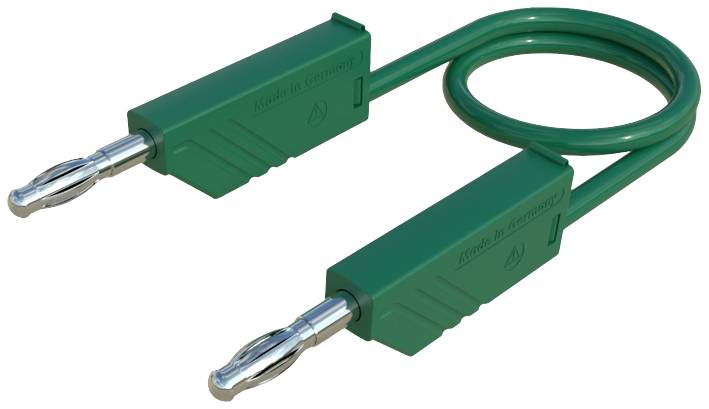Câble de banane vert avec deux fiches. Texte sur le câble : « Made in Germany ». Câble pour connexions électriques.