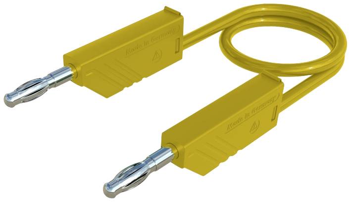 Câble de mesure jaune avec fiches bananes aux deux extrémités, partiellement plié en boucle.