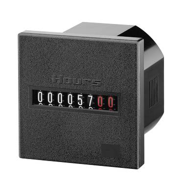 Black mechanical hour meter display showing 00057.00 hours in a square wall-mounted device.