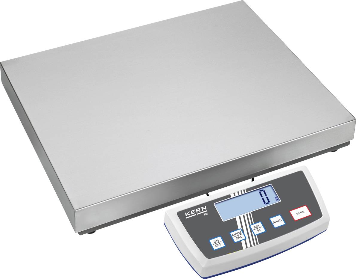Balance électronique de plateforme avec plateau en acier inoxydable et affichage numérique. Indique le poids en kilogrammes.