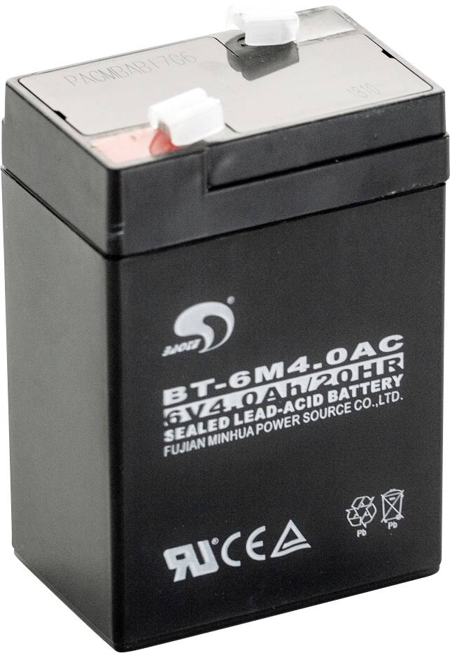 Batterie au plomb scellée, 6V 4Ah de capacité, modèle : BT-6M4.0AC de Fujian Minhua. Adaptée aux systèmes d'alimentation de secours.