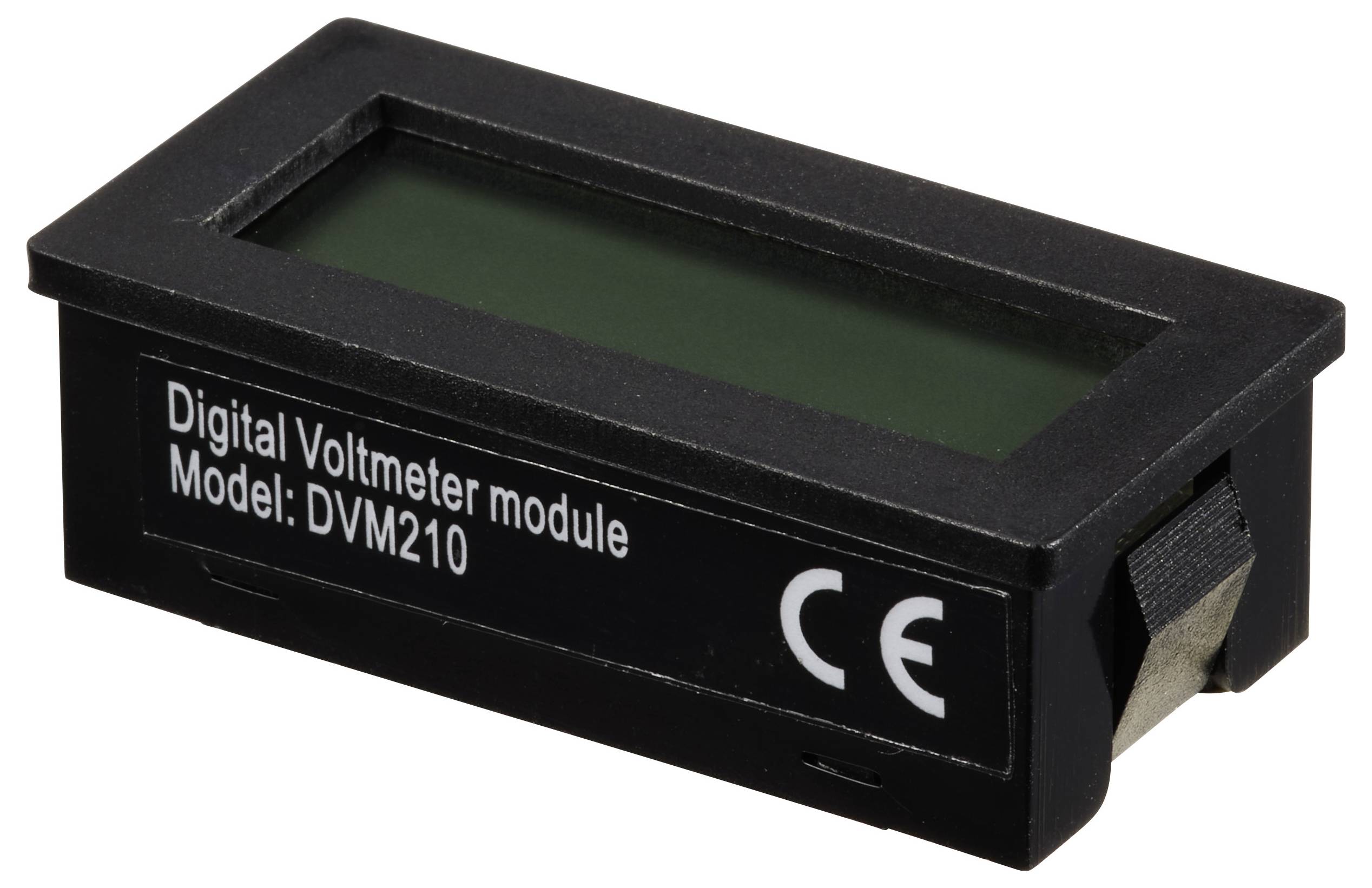 Module voltmètre numérique noir avec l'inscription 'Digital Voltmeter module Model: DVM210' et marquage CE.