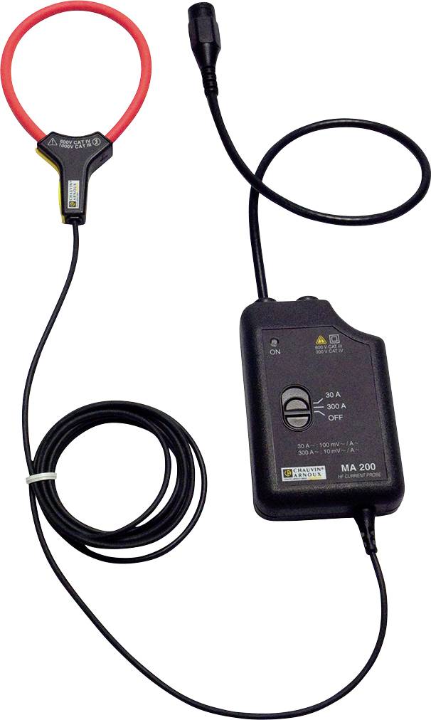 Un appareil portable de mesure de courant avec capteur flexible et câble intégré, adapté à la mesure des courants jusqu'à 300 ampères.