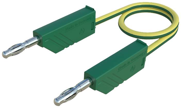 Un câble vert et un câble jaune munis de pinces crocodiles à chaque extrémité, utilisés pour les connexions électriques ou les tests.