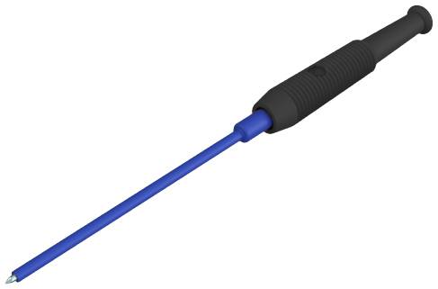 Un tournevis bleu avec une poignée noire cannelée, posé contre un fond blanc.