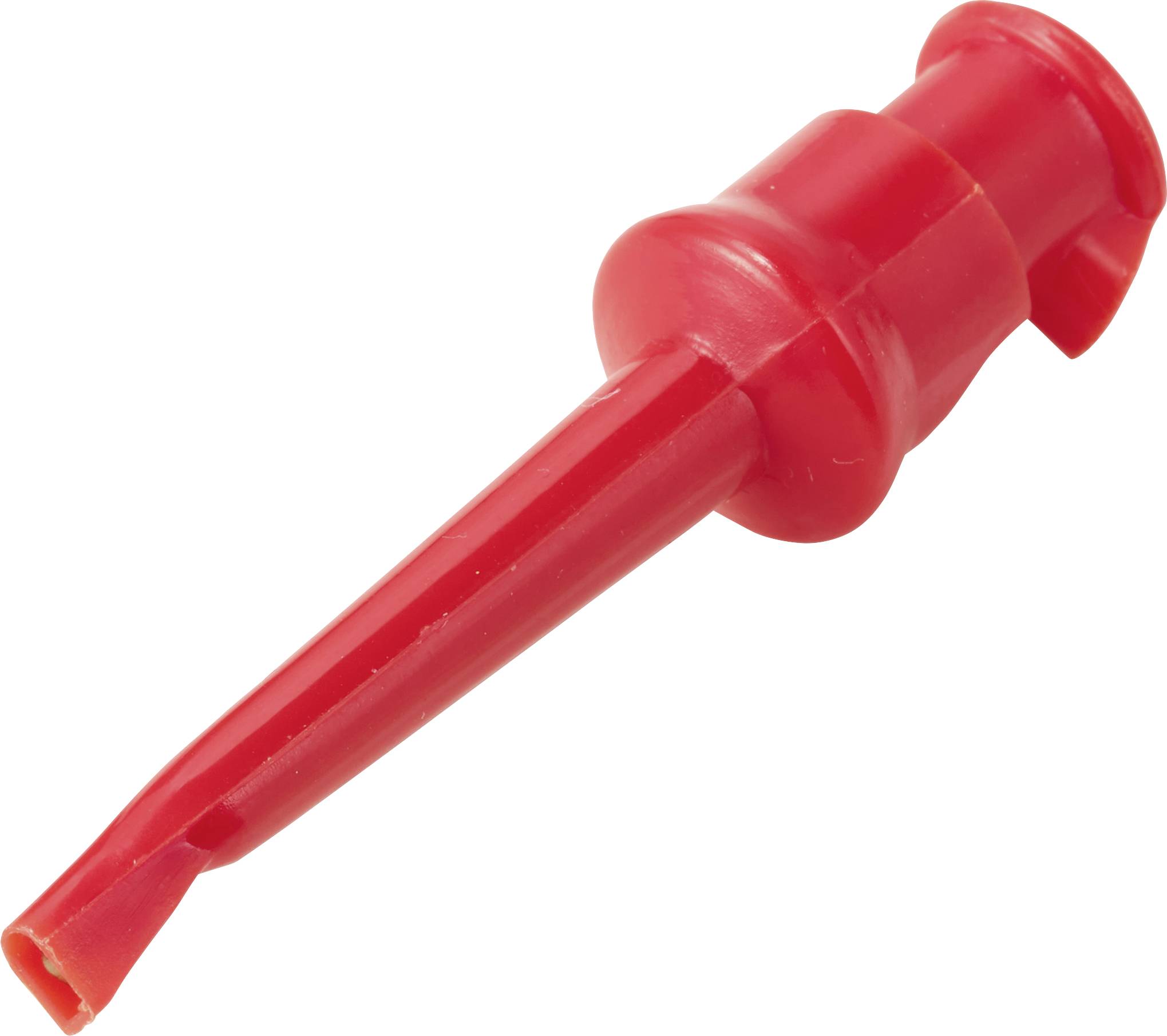 Bec verseur en plastique rouge avec un long bec effilé sur un fond blanc.
