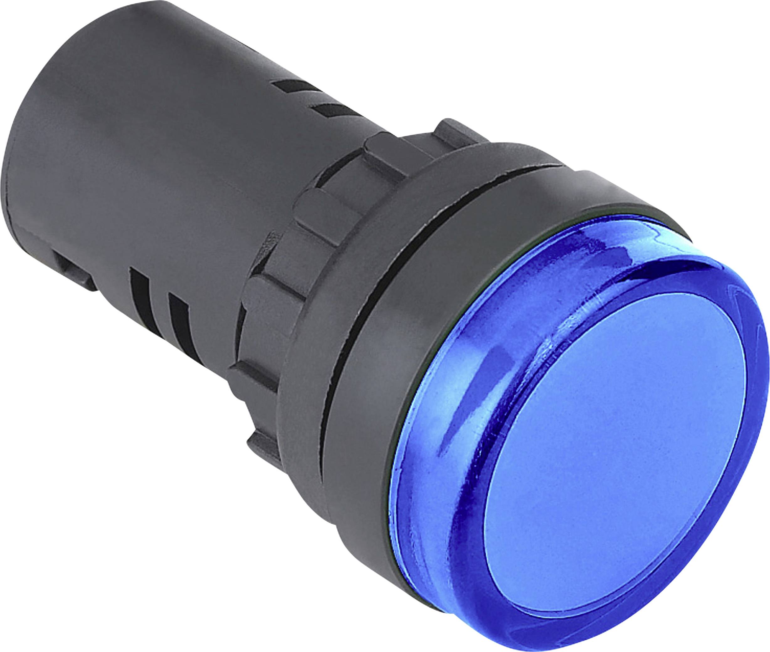 Un bouton-poussoir rond bleu sur un boîtier sombre, typiquement utilisé pour les appareils électroniques ou les panneaux de commande de machines.
