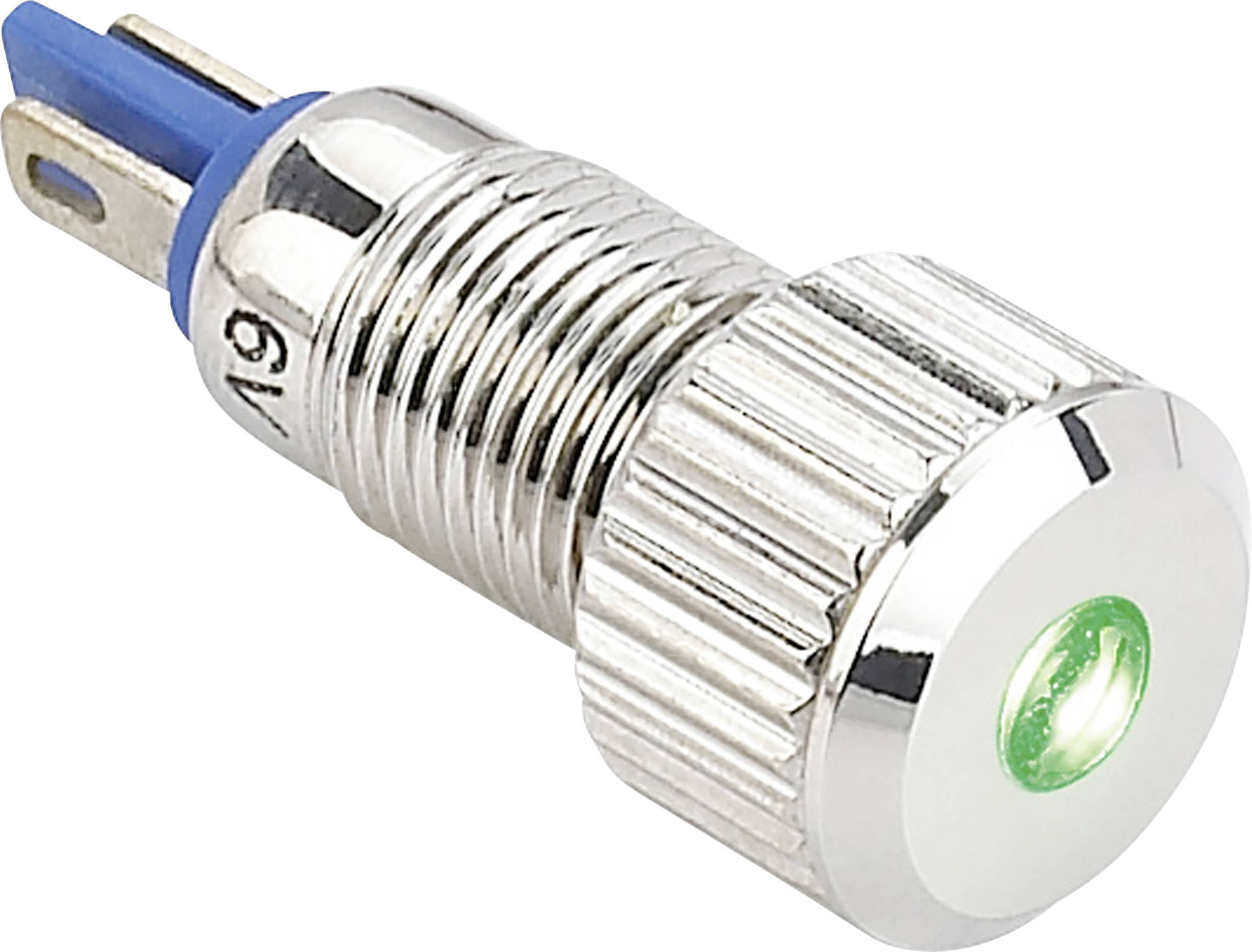 Interrupteur métallique avec voyant LED vert, légèrement incliné sur le côté, montrant le boîtier métallique et les bornes de raccordement.