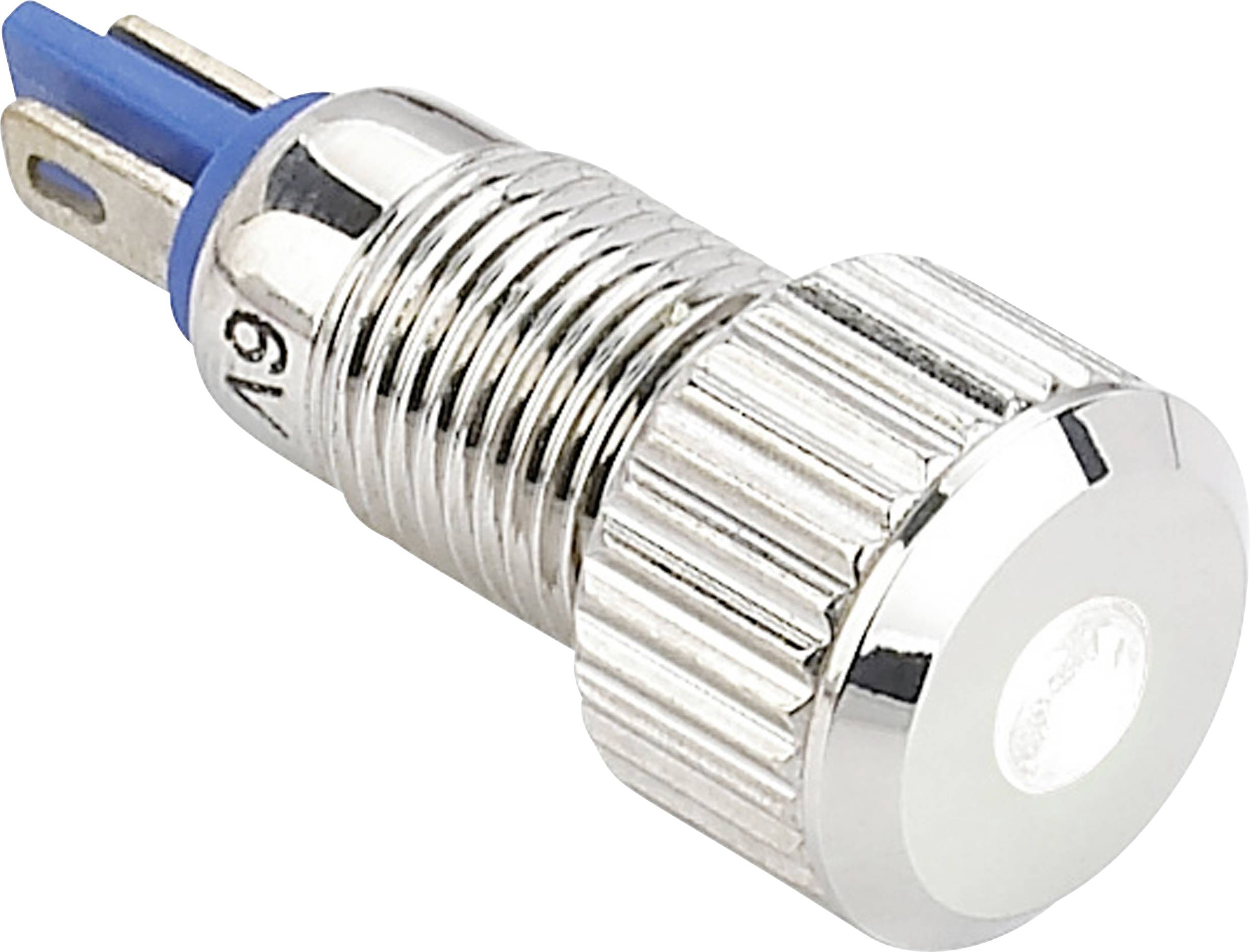 Interrupteur métallique avec connexion bleue en bas du boîtier de l'interrupteur. Argenté avec capuchon strié et surface lisse en haut.