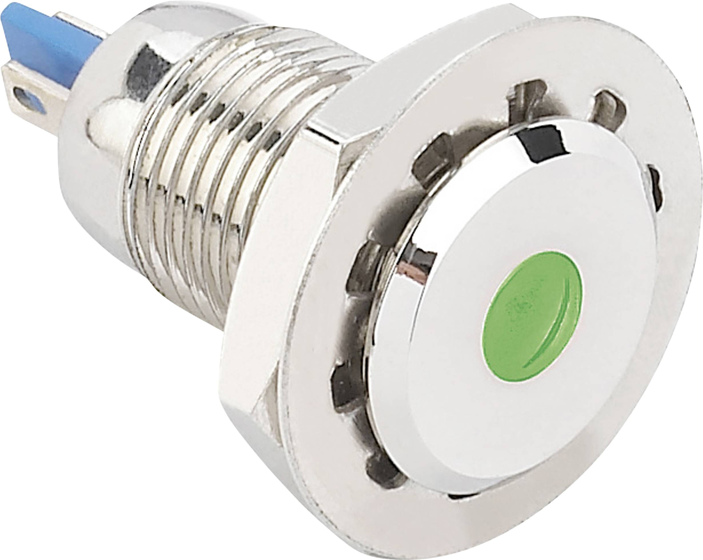 Un bouton-poussoir métallique avec voyant LED vert et connexion à vis. Adapté pour les appareillages électriques et les commandes de machines.