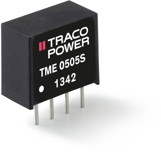 Composant électronique noir avec l'inscription 'TRACO POWER TME 0505S 1342' et quatre broches métalliques montrant un détail de produit.