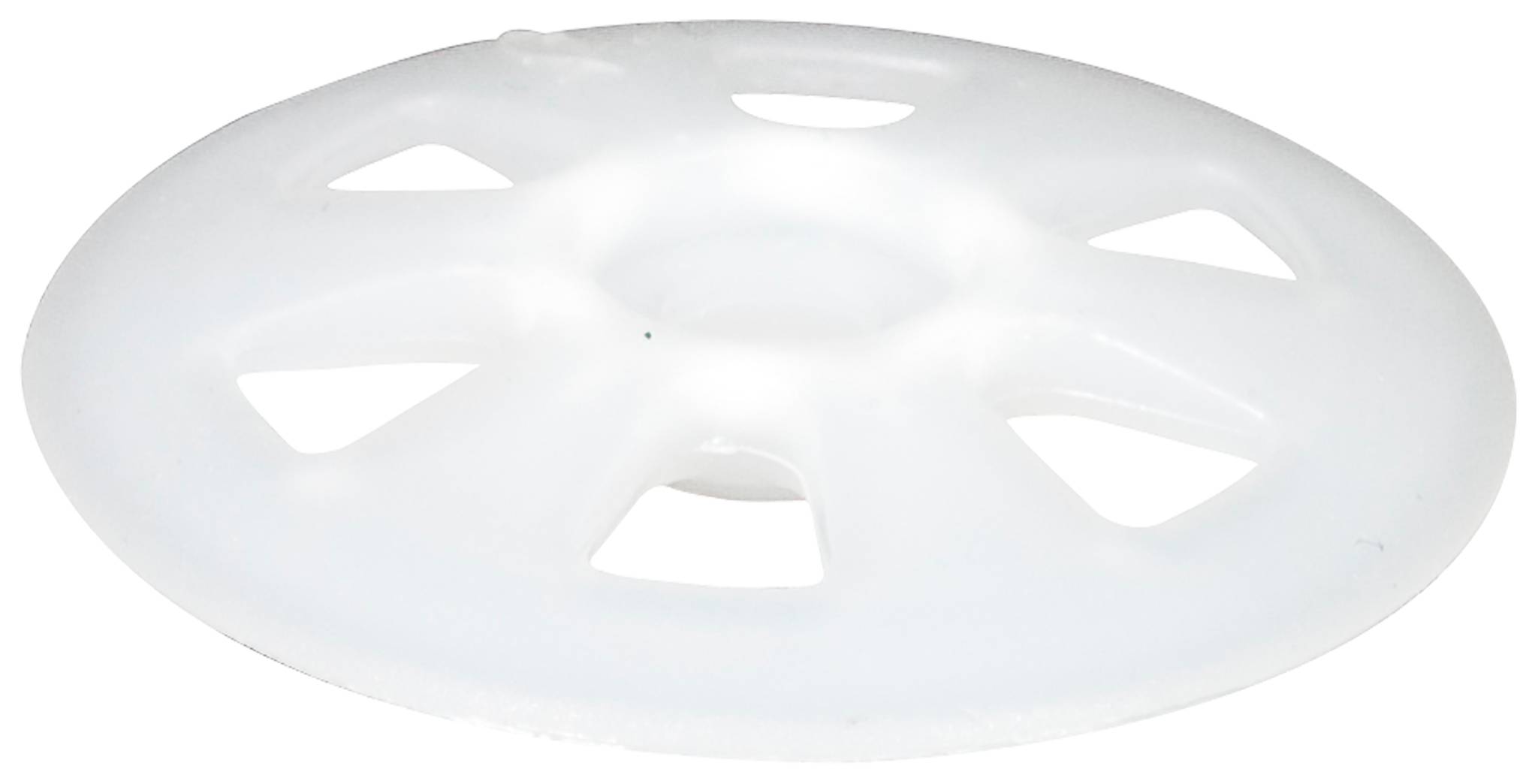Disque circulaire en plastique blanc avec plusieurs ouvertures découpées, présenté isolé sur un fond uni.