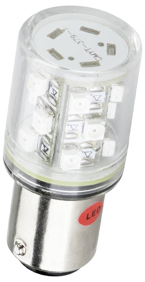 Une ampoule LED de forme cylindrique avec de nombreuses petites diodes électroluminescentes à l'intérieur et une douille métallique à la base.