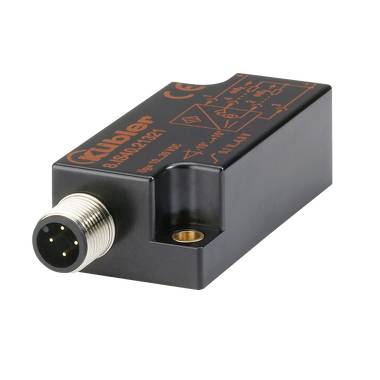Black rectangular industrial sensor with a threaded circular connector and printed orange labeling on top.