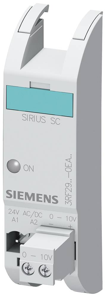 Un relais électrique de Siemens, modèle 'SIRIUS SC', avec interrupteur 'ON'. Il dispose d'une plage de connexion de 0-10V et 24V AC/DC.