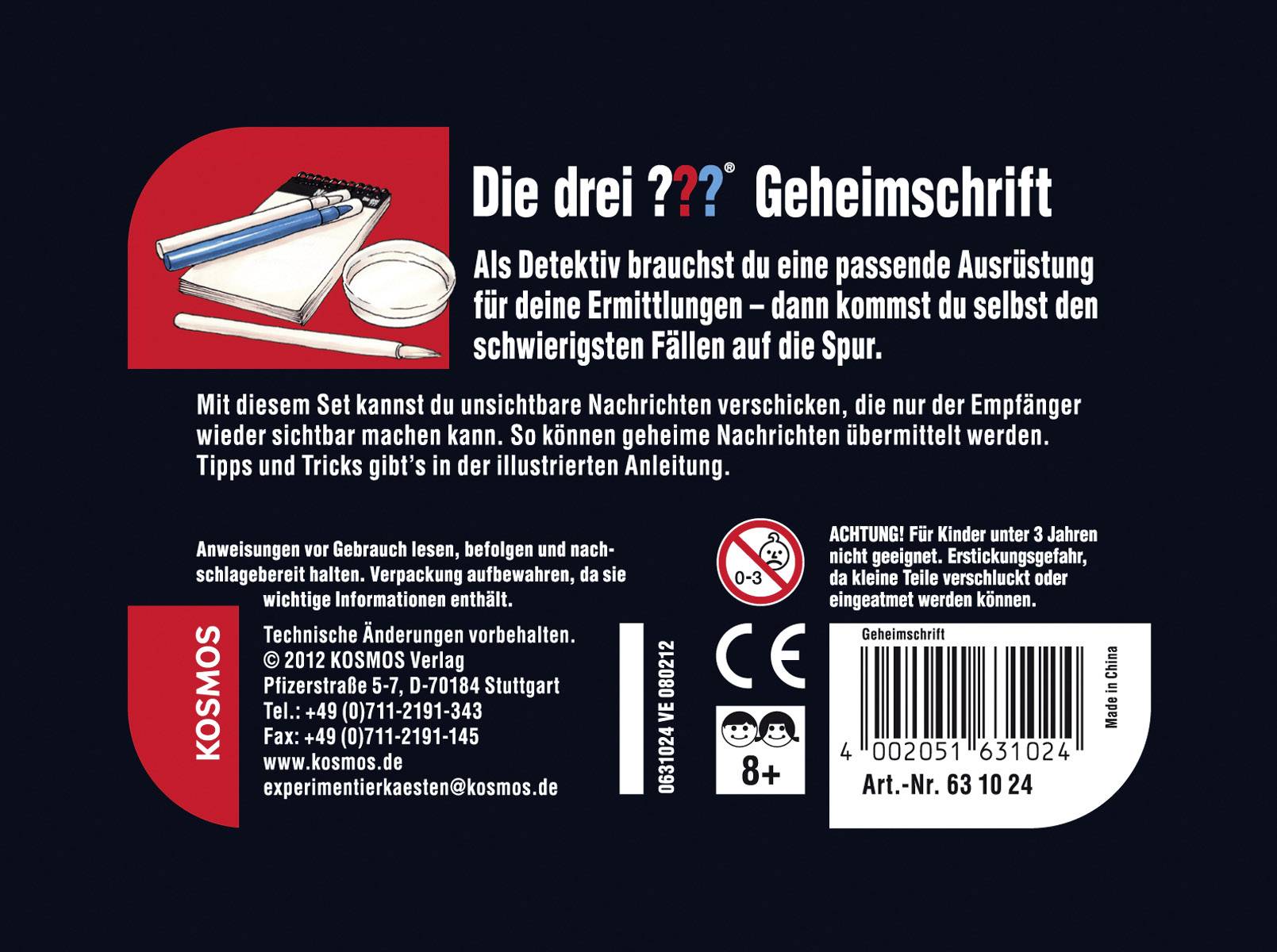 Kosmos 631024 Die drei ??? Geheimschrift coffrets de magie et de détective Coffret d'expérience à partir de 8 ans