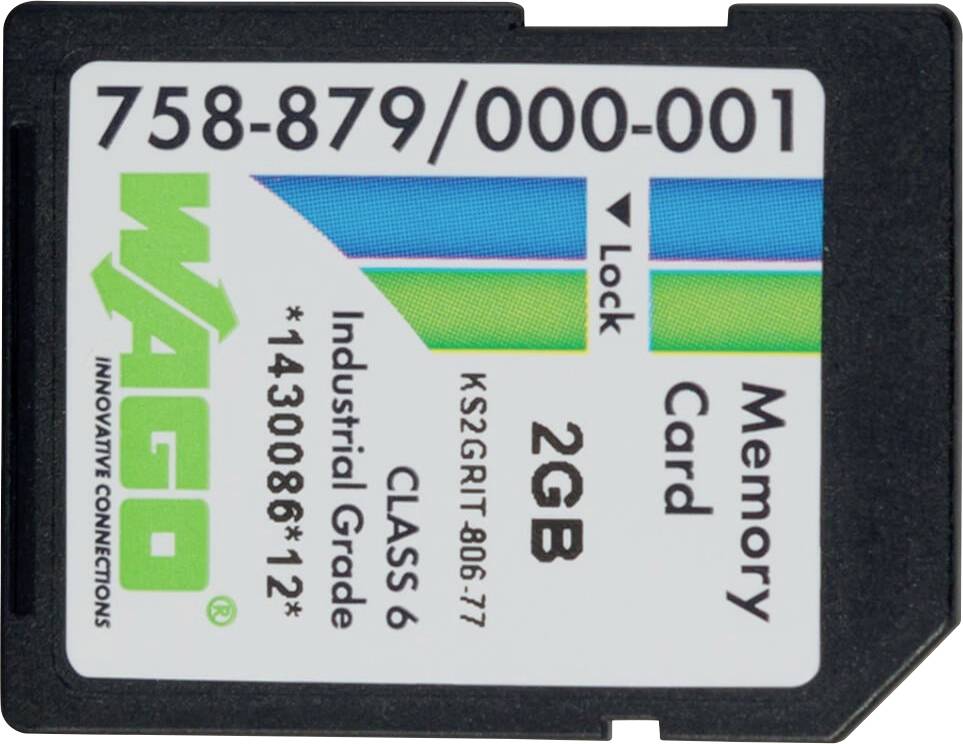 'Carte Mémoire 2GB, Classe 6, Grade Industriel' étiquette avec le numéro de produit '758-879/000-001' et la marque 'WAGO Innovative Connections'.