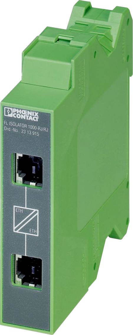 Un dispositif de protection contre les surtensions industrielles vert avec deux ports réseau RJ45, marqué avec un schéma de chemin de transmission, par Phoenix Contact.
