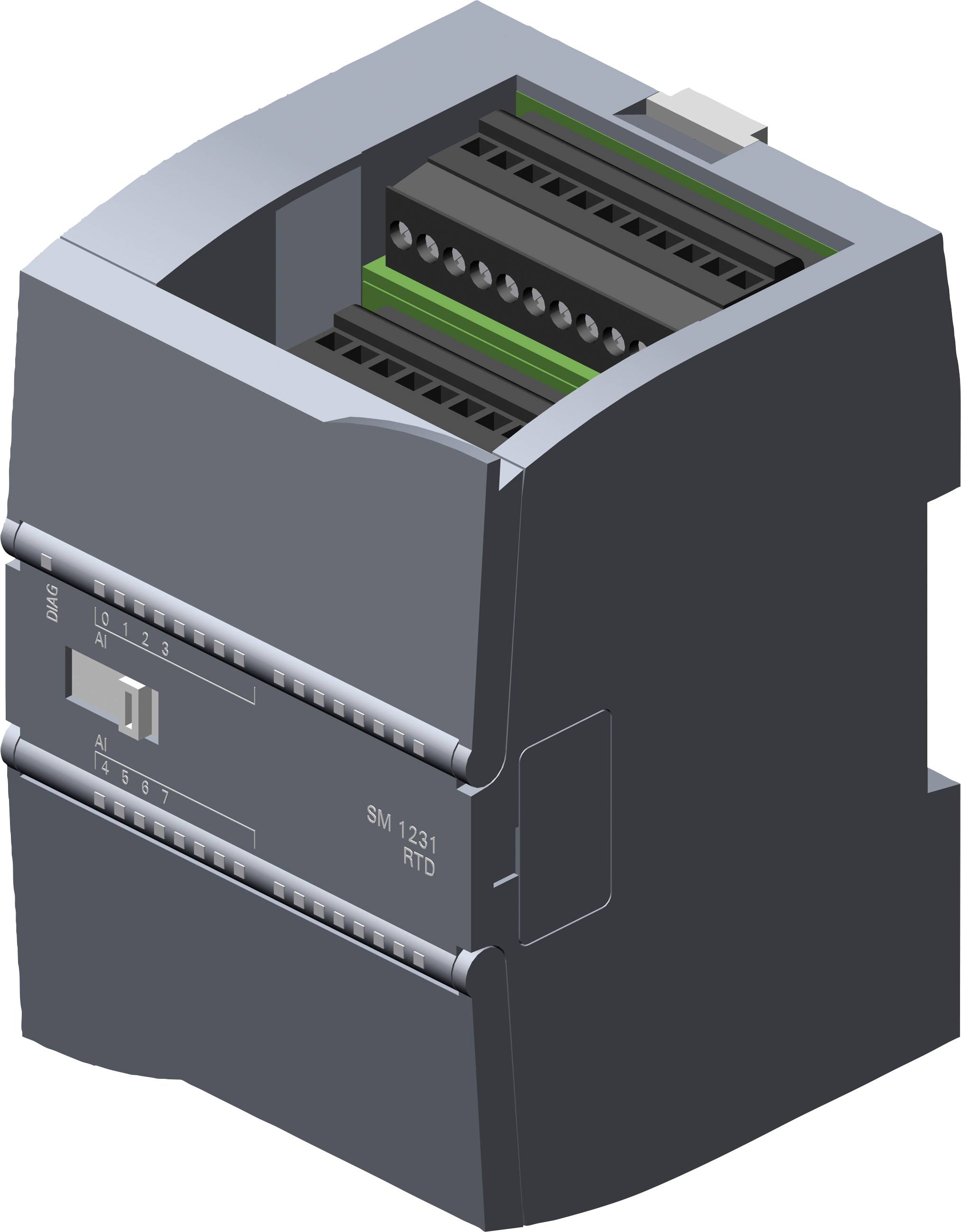Un modèle 3D d'un appareil électrique compact de qualité industrielle avec plusieurs ports et connecteurs, probablement utilisé pour l'automatisation ou la gestion de l'énergie.