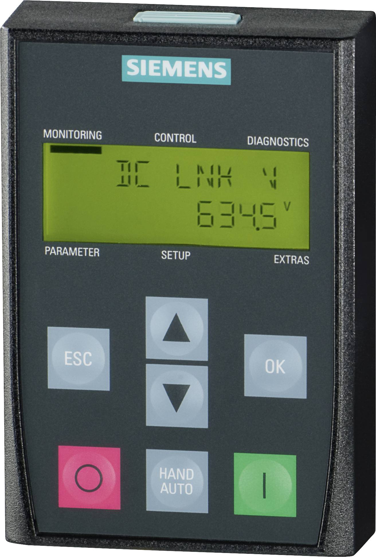 Panneau de commande de marque « Siemens » avec écran d'affichage, boutons « ESC », navigation et « OK », affichant une lecture de tension de 6345 V.