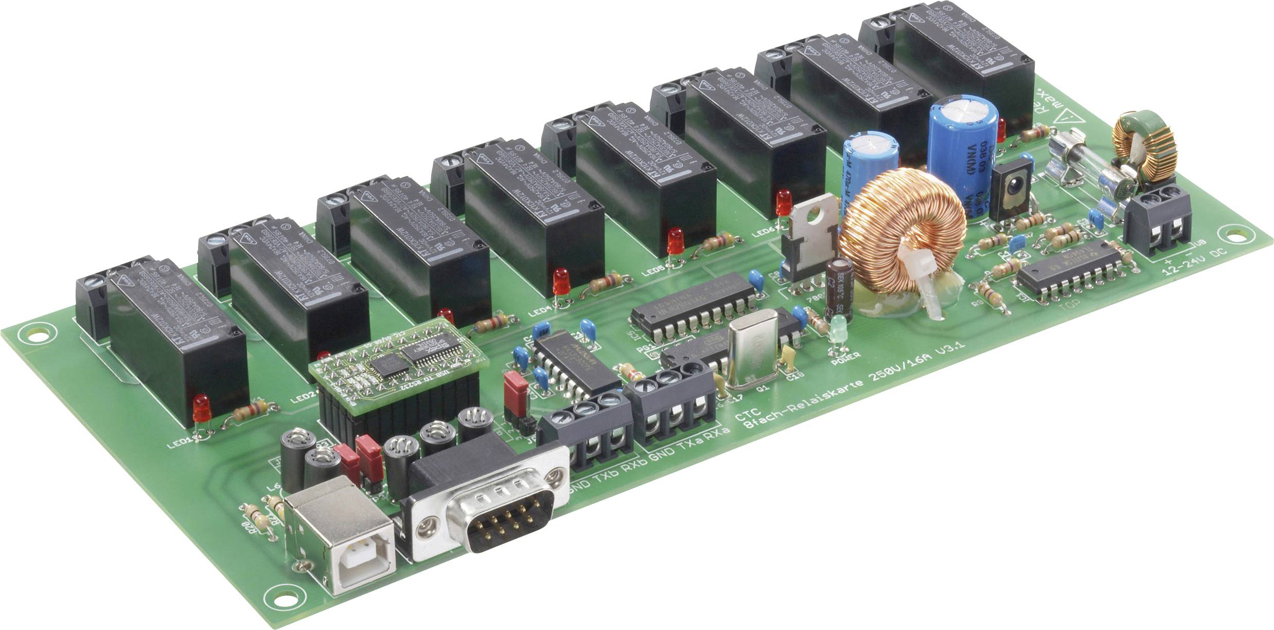 Circuit électronique avec plusieurs relais noirs, différents chips et connexions. Contient des bobines, des condensateurs et des résistances.
