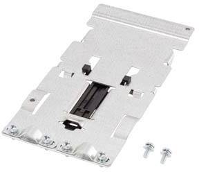 Support de fixation métallique avec des vis, présenté sur un fond blanc. Utilisé pour la fixation d'appareils ou de composants.