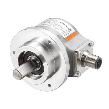 Industrial rotary encoder with a shaft and electrical connector, used to measure machine position or speed.